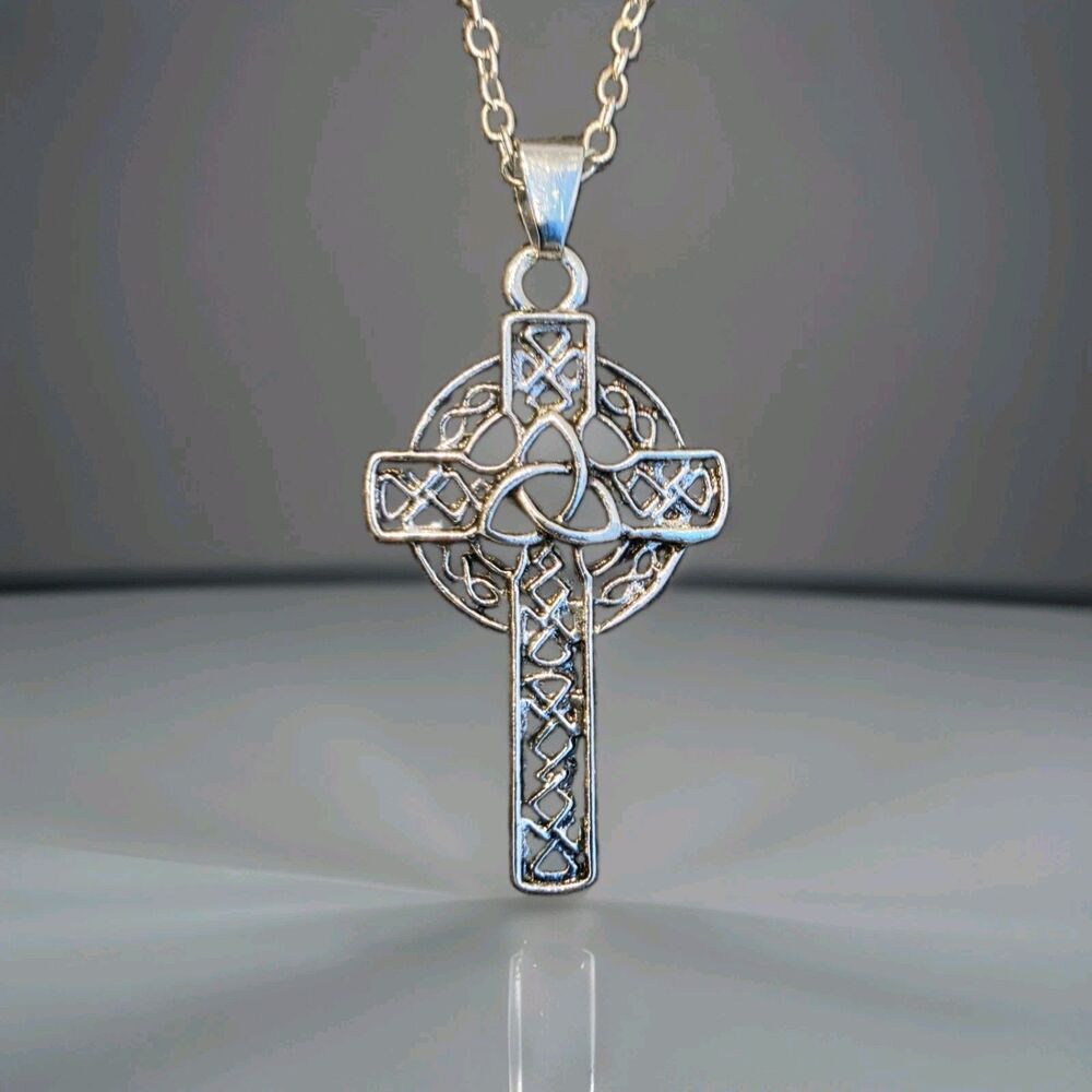 Silver Tone Celtic Cross Charm Pendant Necklace Cable Chain Lobster Closure 20"